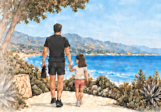 Illustration of a father and his young daughter walking hand in hand toward the Santa Barbara coast