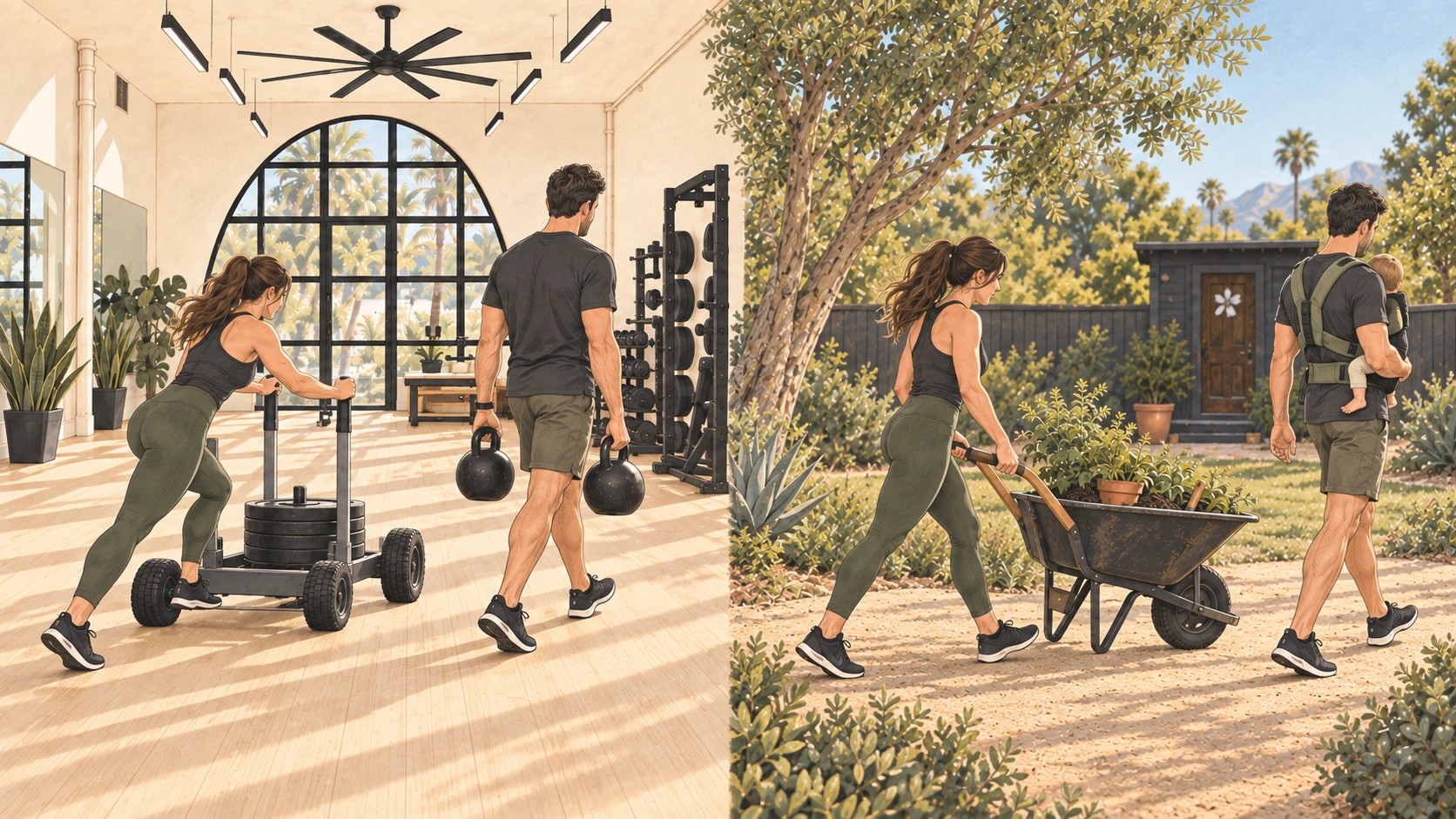 A woman pushing a sled and a man carrying weights in the studio, alongside the same people using a wheelbarrow and carrying a child outdoors