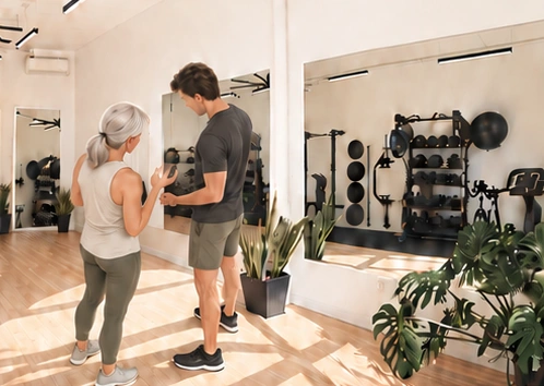 Sean and an older client discussing movement in the mirror-wall studio, angled away from the viewer