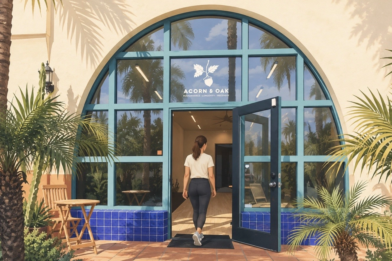 Illustration of a woman entering Acorn & Oak through its teal arched front door