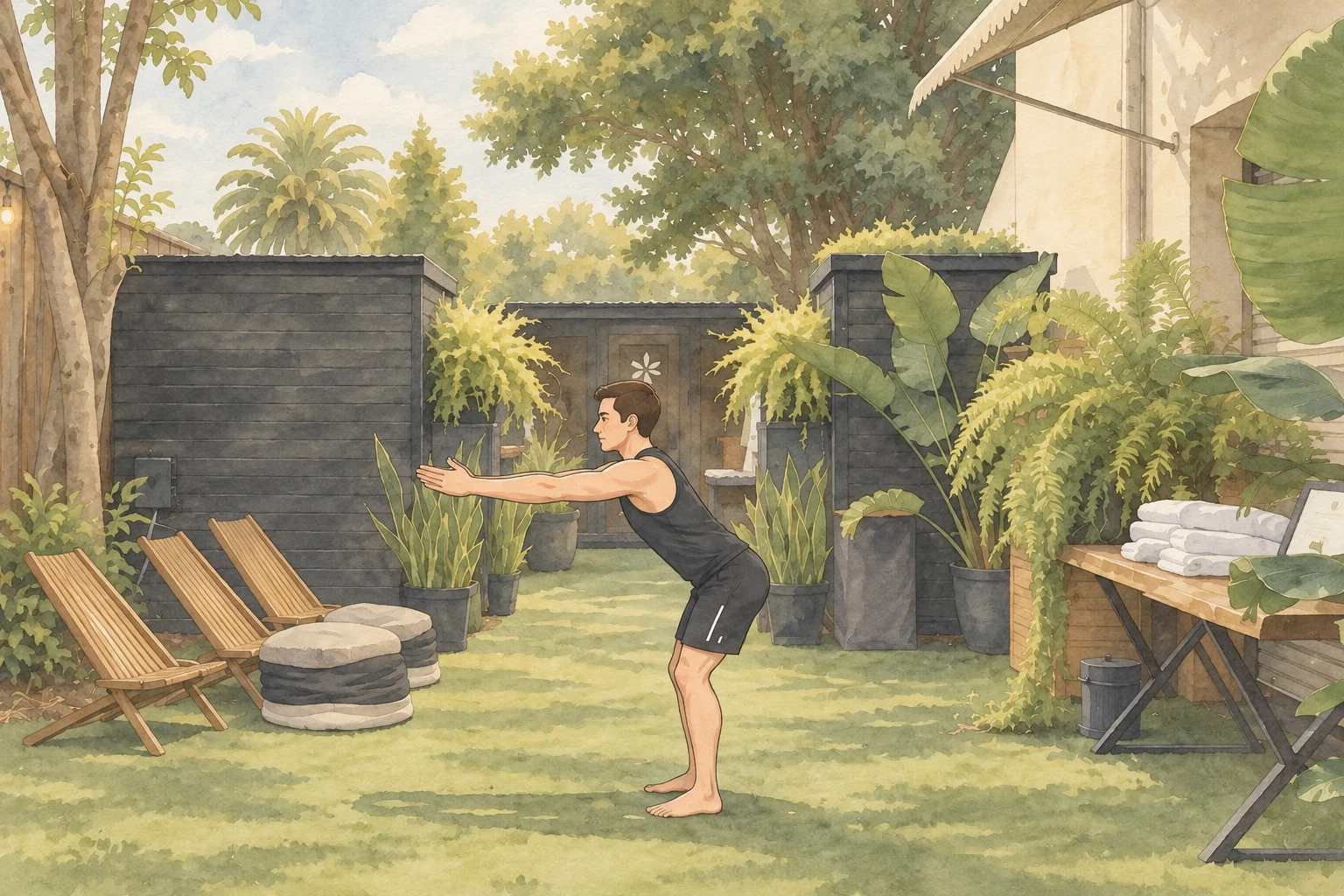 Illustration of Sean practicing a barefoot hip hinge in the garden