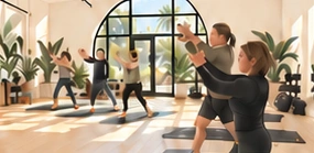 Illustration of a small group moving together inside the studio