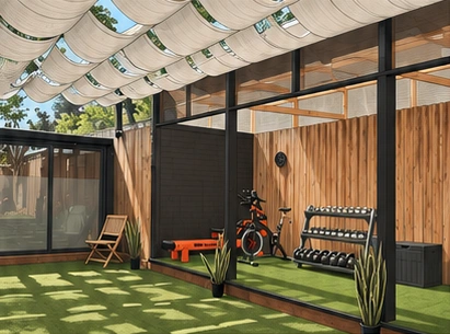 The outdoor training space with fabric canopy, wooden fence, rowing machine and weights